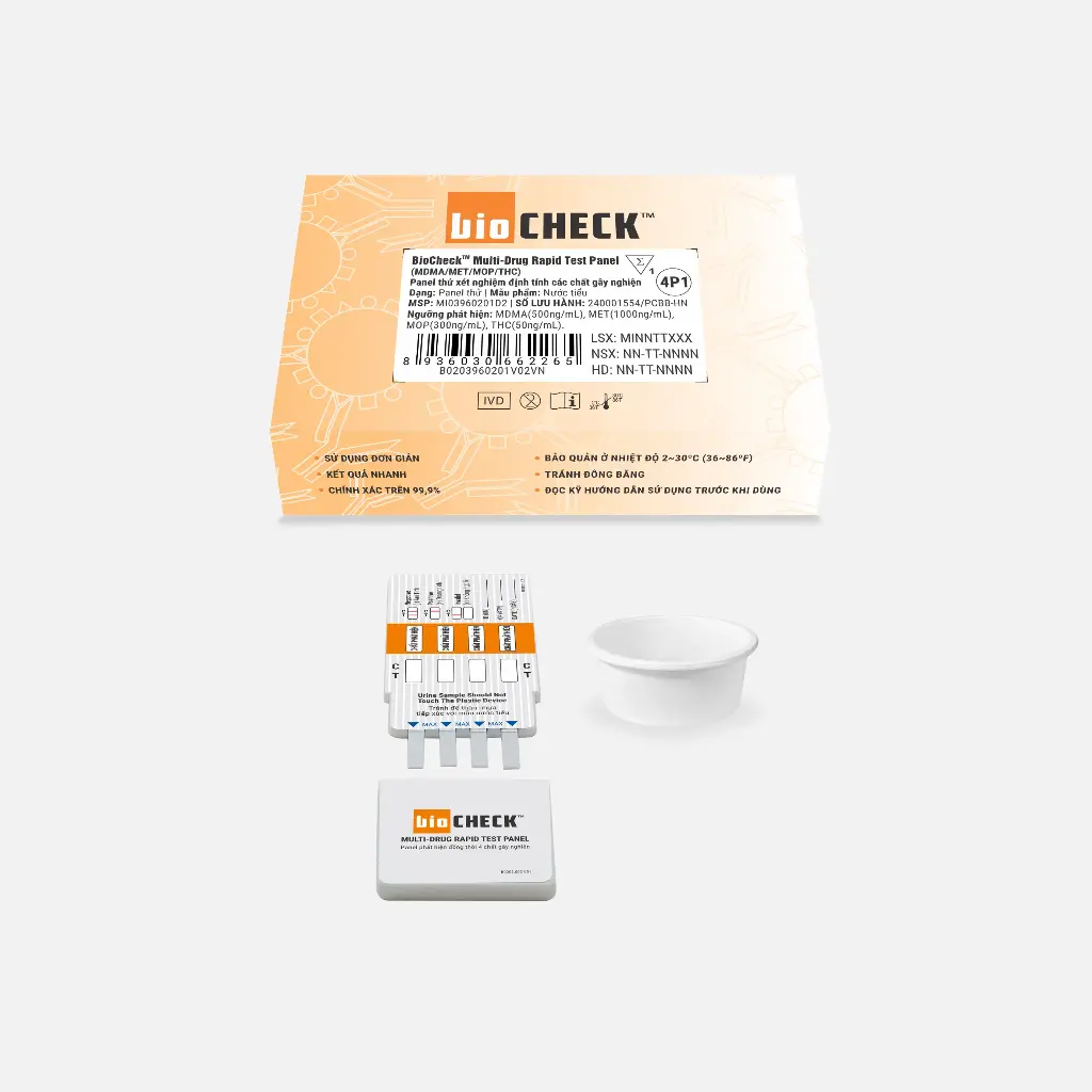 Panel thử xét nghiệm định tính Ecstasy, Methamphetamine, Morphine và Marijuana [Biocheck™ Multi-Drug Rapid Test Panel (MDMA/MET/MOP/THC)]