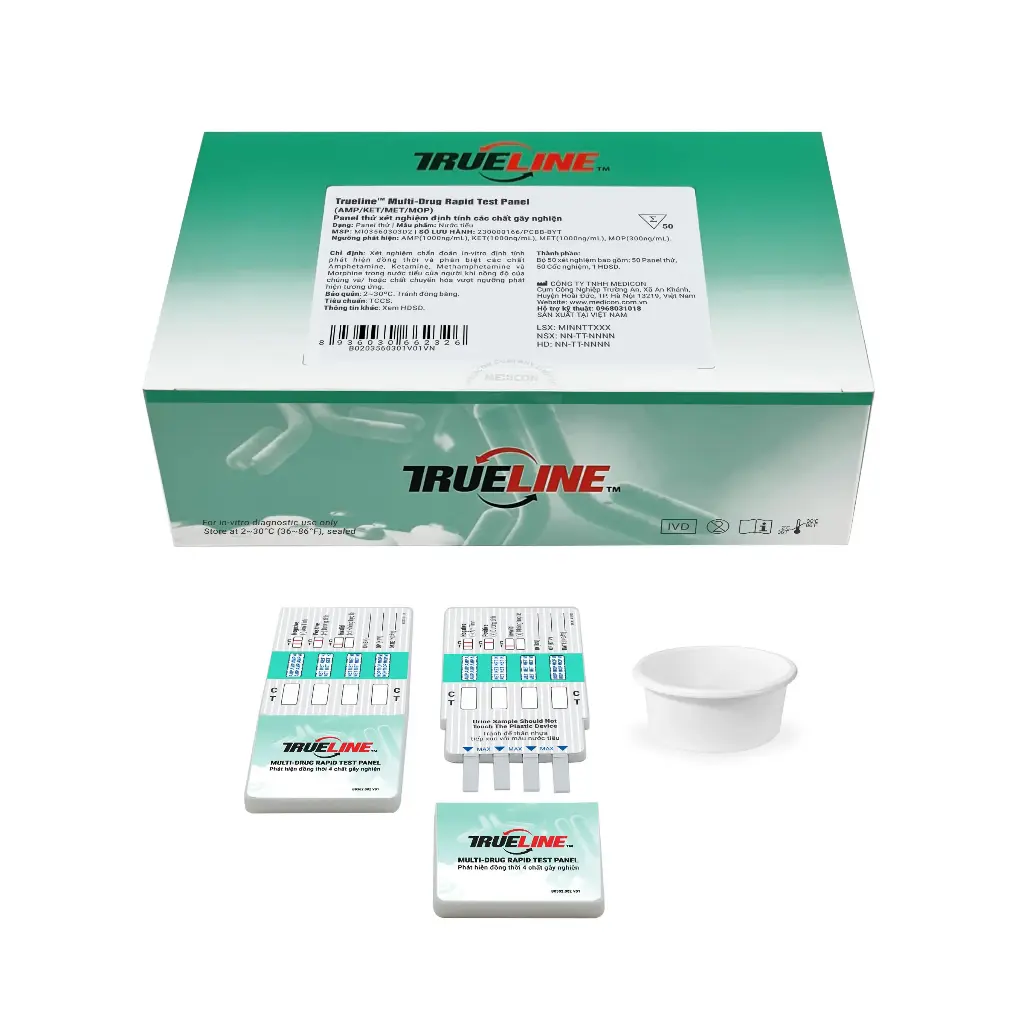 Panel thử xét nghiệm định tính Amphetamine, Ketamine, Methamphetamine và Morphine [Trueline™ Multi-Drug Rapid Test Panel (AMP/KET/MET/MOP)]